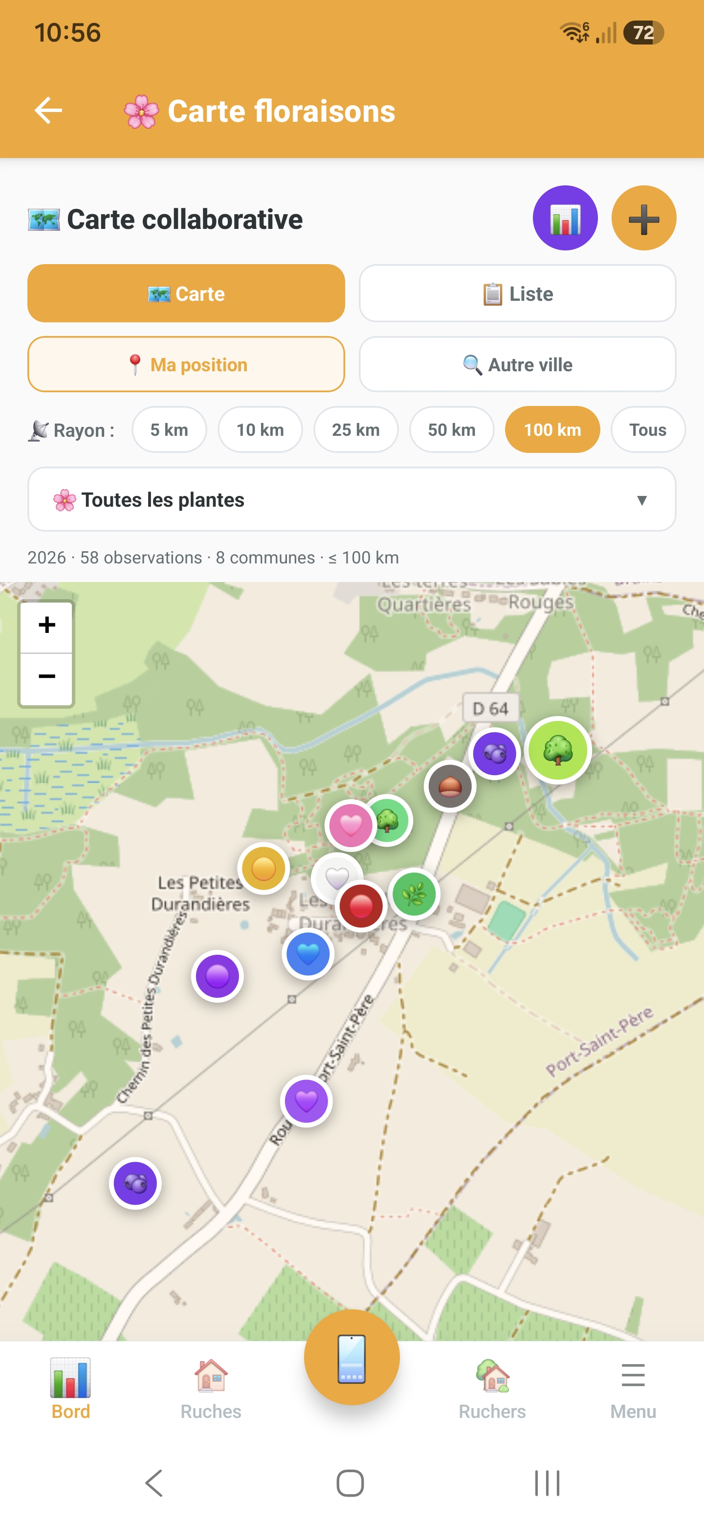 Carte collaborative des observations de floraisons mellifères