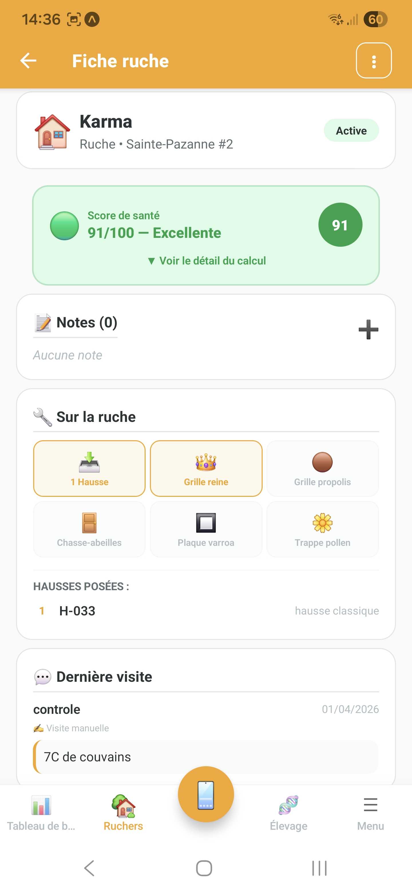 Fiche détaillée d'une ruche avec score de santé